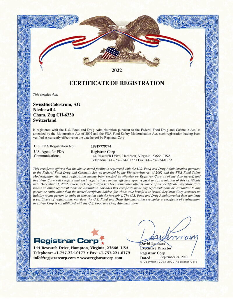 Certificate FDA registration for SwissBioColostrum Ltd.