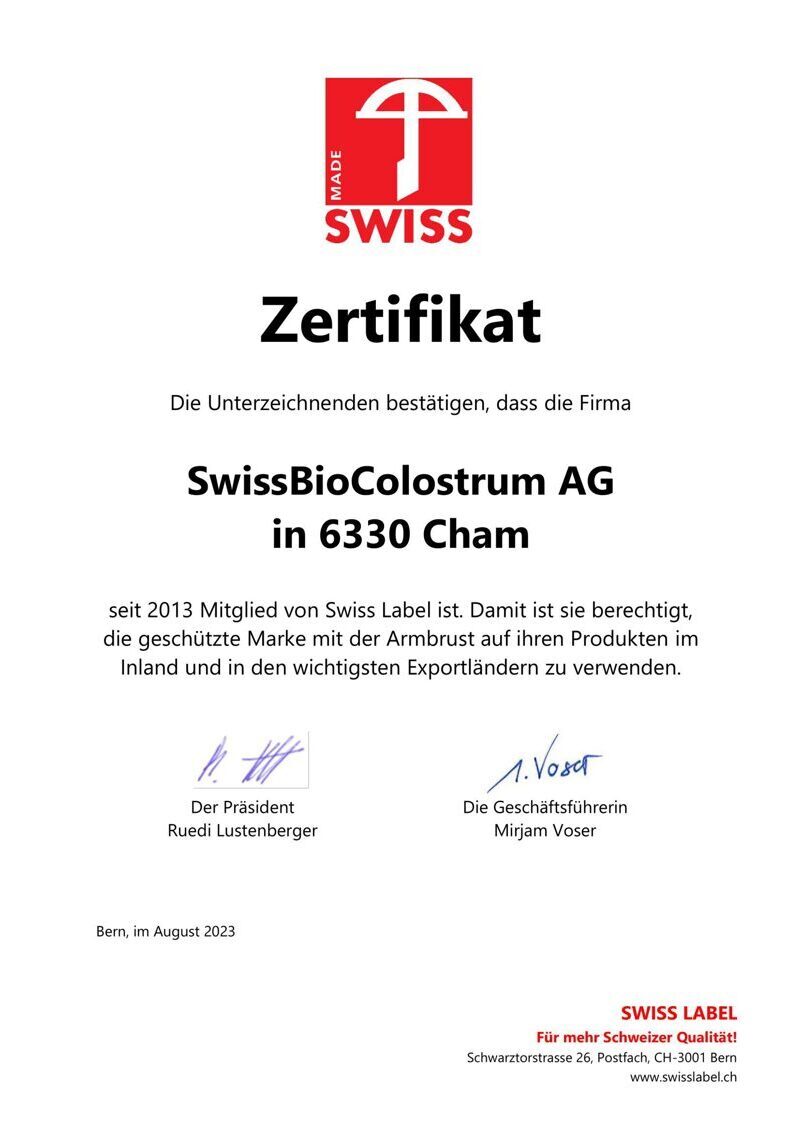 Zertifikat von Swiss Label für SwissBioColostrum AG