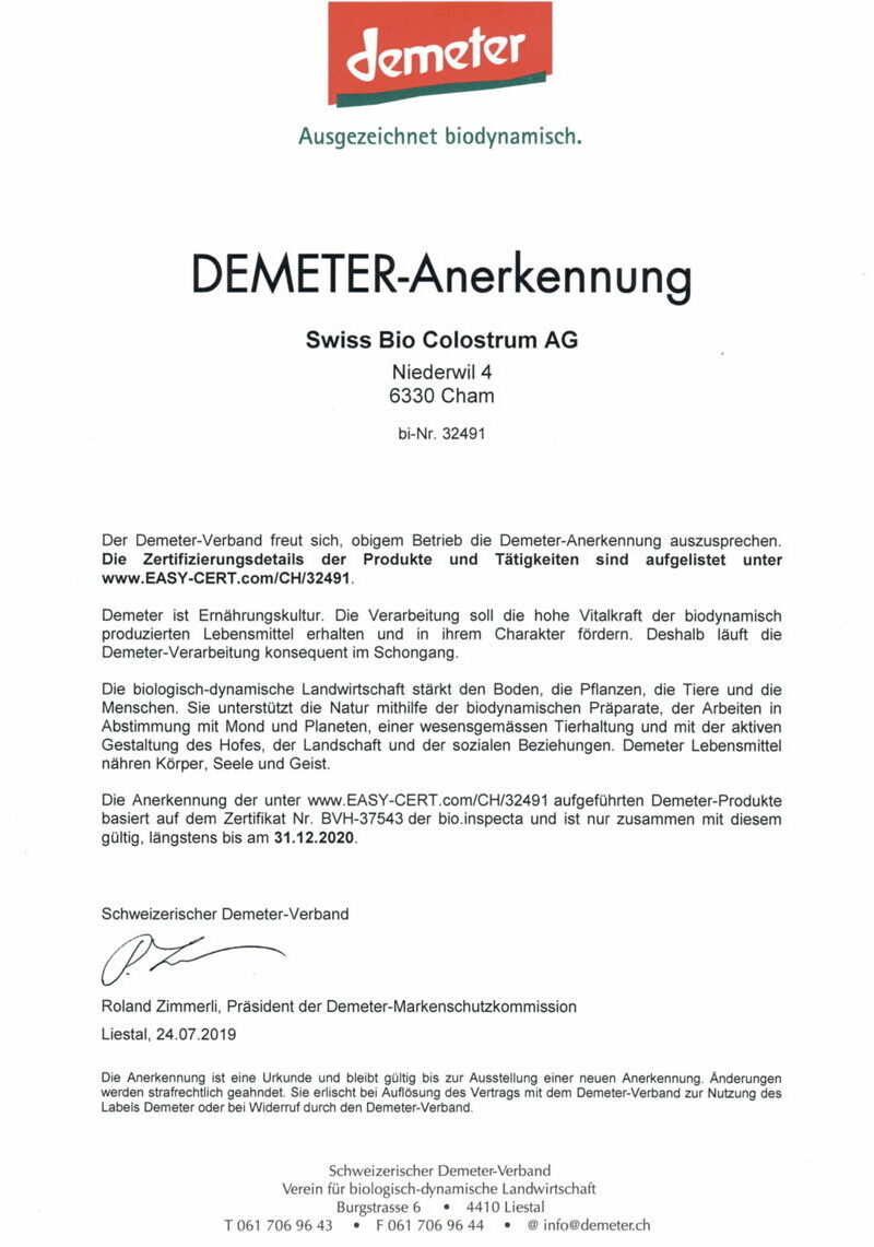 Demeter Anerkennung 2019 für die SwissBioColostrum AG